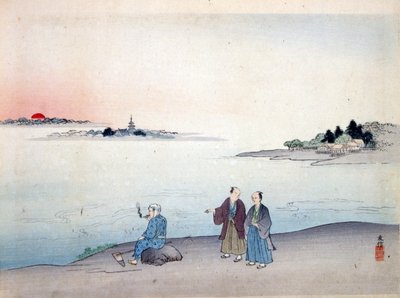 Two men walking by a lake, c. 1870 by Japanese School