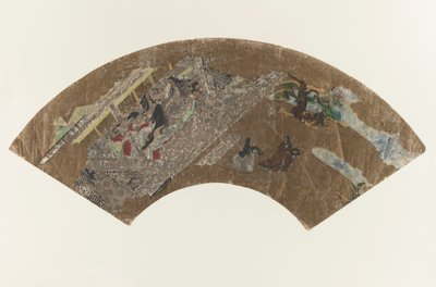Untitled - Fan-shaped painting of ladies sitting in a pavilion playing a game by Japanese School