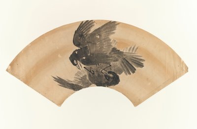 Untitled - fan shaped drawing of two birds by Japanese School