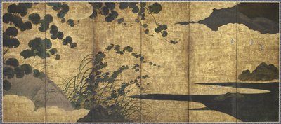 Vines, hut, grasses and shore birds, Momoyama period by Japanese School