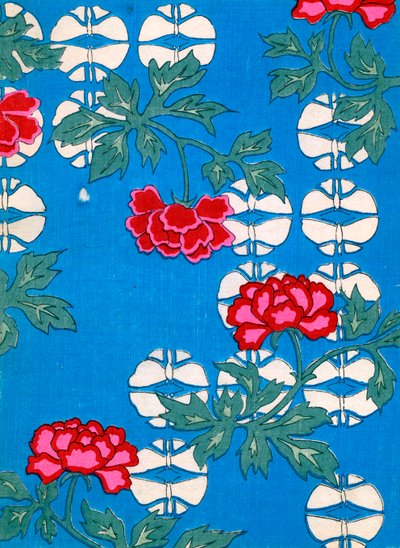 White Lanterns and Peonies on a Blue Background by Japanese School