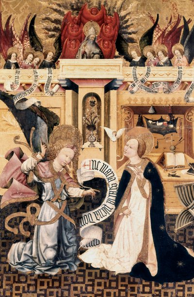 Annunciation and God the Father surrounded by angels, altarpiece by Jaume Ferrer