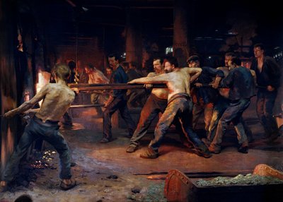 Workmen smelters working in a metallurgical plant, Painting by Jean Rixens by Jean Andre Rixens