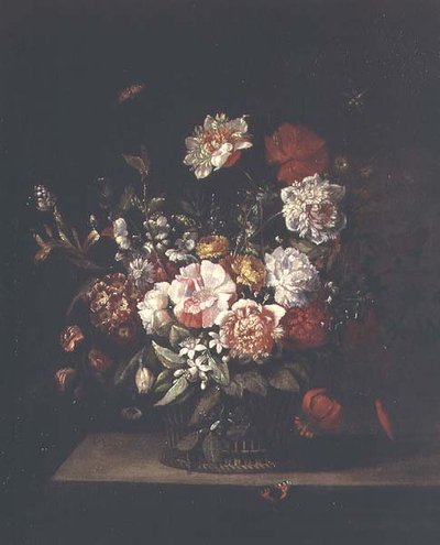 Mixed Flowers in a Wicker Basket with Moths, Dragonfly and Red Admiral on a Ledge by Jean Baptiste (follower of) Monnoyer