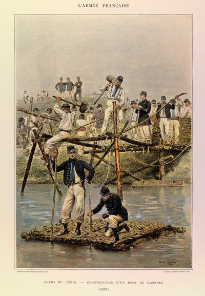 Types and Uniforms of the French Army by Captain Jules Richard, Illustrated by Edouard Detaille: Corps of Engineers; Construction of a Fascine Bridge in 1887 by Jean Baptiste Edouard Detaille