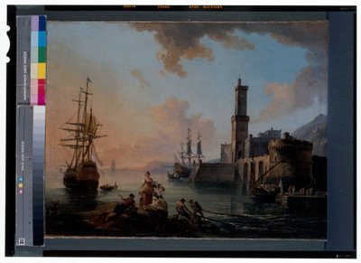 Fishermen and Courtesans in a Mediterranean Port at Sunset by Jean Baptiste Lallemand
