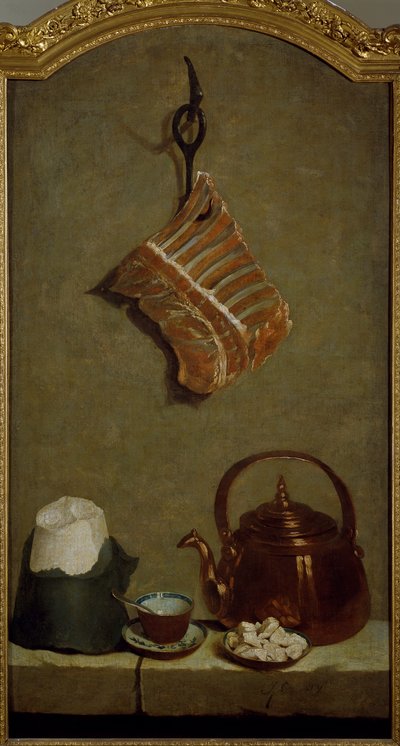 Still life with quarter of meat, sugar bread, copper kettle and cup by Jean Baptiste Oudry