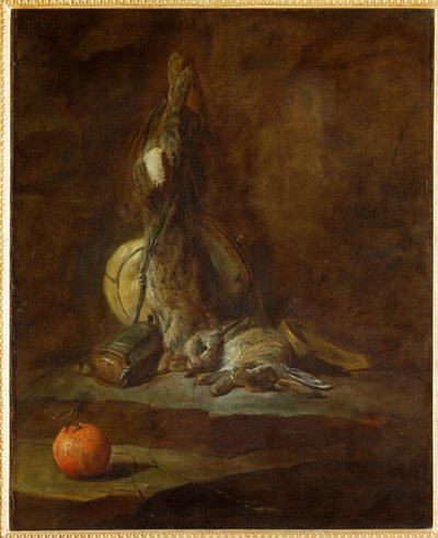 Two Dead Hares with Game-Bag, Powder Flask and Orange by Jean-Baptiste Simeon Chardin