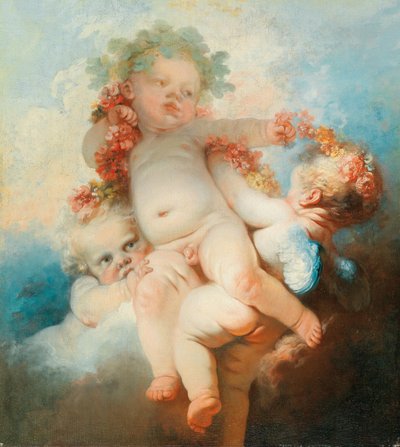 Three putti wreathed with flowers by Jean Honore Fragonard