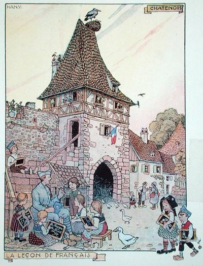 A French soldier teaching French to Alsatian children who have become French Citizens again, illustration from 