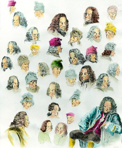 Different expressions and hairstyles of the writer Francois Marie Arouet de Voltaire (1694-1778) made after the paintings of Jean Huber (1721-1786) 18th century by Jean (after) Huber