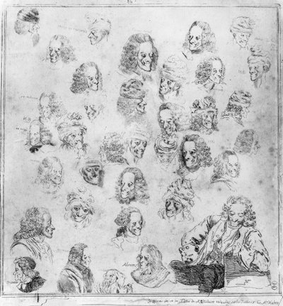 Different tunes in 30 Voltaire heads. Portraits of Francois Marie Arouet, dit Voltaire different physiognomies of Voltaire. Strong water attributed to Dominique Vivant-Denon after Jean Huber. Musee C by Jean (after) Huber