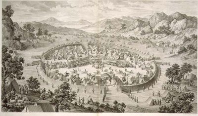 Tchao-Hoei Occupies his Troops with Exercises and Military Games in 1758, plate 5 from a series of prints representing the conquests of Qianlong, the Emperor of China, engraved by Pierre Philippe Choffard 1772 by Jean (d.1781) (after) Damascene