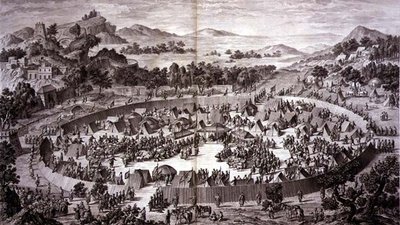 Tchao-Hoei in his Camp below the walls of Yerechim Receives the Homage of the Inhabitants of the Town and Province in July 1759, plate 4 from the series of prints representing the conquests of Qianlong, the Emperor of China, engraved by Pierre Philippe Cho by Jean (d.1781) (after) Damascene