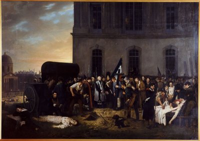 Temporary burial of the victims of July in front of the Louvre colonnade by Jean Alphonse Roehn
