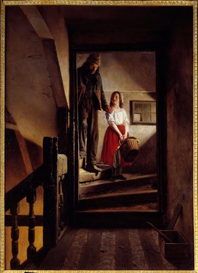 The old age stick A little girl helping an old man down a staircase by Jean Alphonse Roehn
