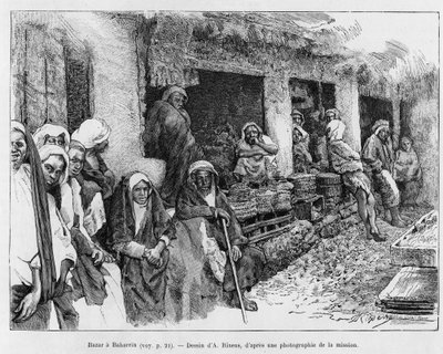 Bazaar a Bahrain, Chad. Engraving by A.Rixens to illustrate the story 