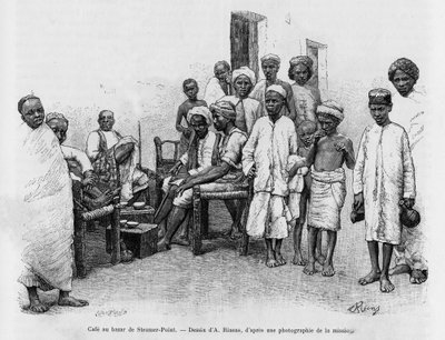 Cafe at Steamer Point Bazaar, Aden, Yemen. Engraving by A.Rixens to illustrate the story 