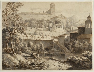 An Artist Sketching Along a Riverbank, Below an Italian Town by Jean Antoine Constantin