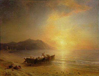A Coastal Landscape with Arab Fishermen Launching a Boat at Sunset by Jean Antoine Theodore Gudin
