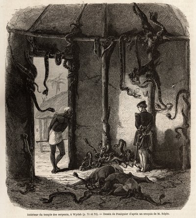 Inside the temple of fetish snakes, in Wydah, in Dahomey (present-day Benin), drawing by Jean Antoine Foulquier (1822-1896), to illustrate Dr. Repin