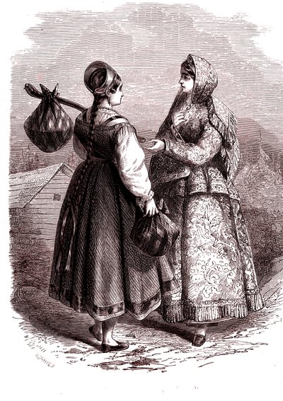 Russia. Women of the mounts Valdaiy. 1865 (Engraving) by Jean Antoine Valentin Foulquier