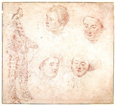 A Character and Four Heads by Jean Antoine Watteau