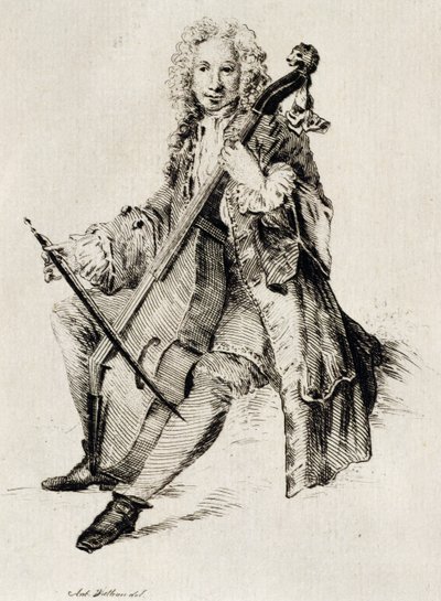 Cello player, engraving, France by Jean Antoine Watteau