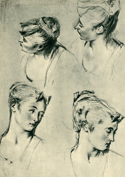 Four studies of female heads, early 18th century by Jean Antoine Watteau