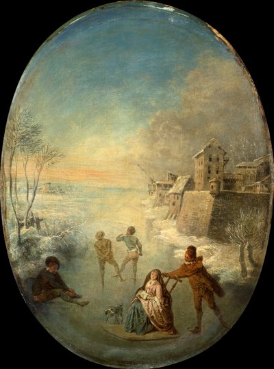 Gentlefolk on the Ice by a Walled Town in Winter by Jean Antoine Watteau