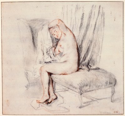 Nude Woman Sitting on a Chaise Longue, Putting on Her Shirt, 18th Century by Jean Antoine Watteau