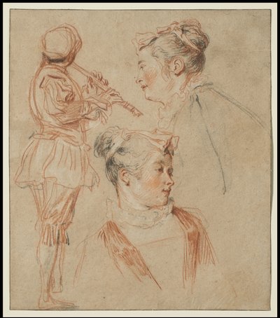 Studies of a Flutist and Two Women by Jean Antoine Watteau