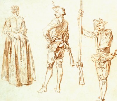 Study of a Young Woman and Two Huntsmen, c.1712-13 by Jean Antoine Watteau