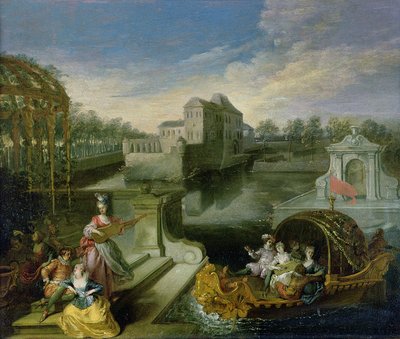 The Spring: Fete Champetre in a Water Garden with Figures in a Boat by Jean Antoine Watteau