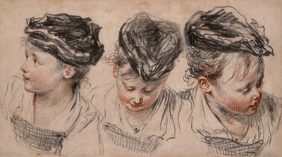 Three head studies of a girl wearing a hat by Jean Antoine Watteau