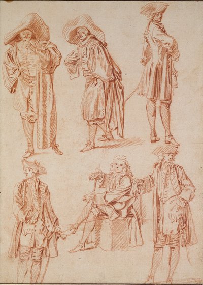 Two Studies of the Doctor in the Italian Comedy and four Officers by Jean Antoine Watteau
