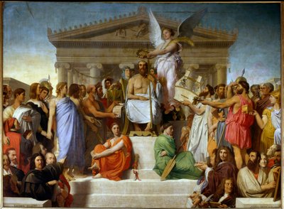 The Apotheosis of Homer: the consecration of the Greek poet Homer: he is crowned and immortalized, at his feet two women represent the Iliad and the Odyssey. Around him are the great figures of Art and history by Jean Auguste Dominique Ingres