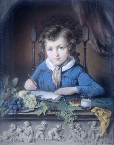 Portrait of a Boy, Sitting in a Window Niche and Dressed in a Blue Jacket by Jean Augustin Daiwaille (attributed to)