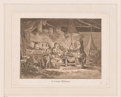Interior of a barn with two figures on a bench and a man by a fire by Jean Baptist Leprince