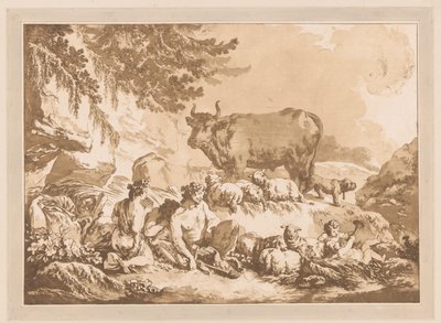 Resting Satyrs Among Sheep and a Cow in a Landscape by Jean Baptist Leprince