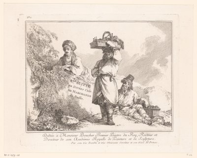 Title Print with Three Street Vendors with Their Goods by a Rock by Jean Baptist Leprince