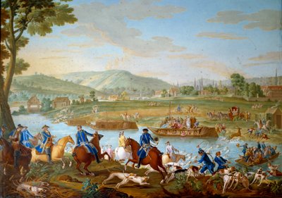 Plaque representing the hunts of Louis XVI: the deer passes the Oise from the coast of Royallieu in sight of the town of Compiegne. Painting on soft porcelain by Nicolas Pierre Pithou l