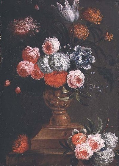 Tulips, Marigolds, Viburnum, Forget-me-nots, Roses and other Flowers in an Urn by Jean Baptiste (attr. to) Bosschaert