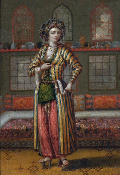 A Noble Lady of Constantinople Wearing Hammam Shoes by Jean Baptiste (circle of) Vanmour