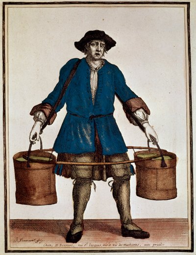 Water carrier, coloured engraving by Henri Bonnart and Jean Baptiste Bonnart, from Recueil des modes de la cour de France by Jean Baptiste Bonnart