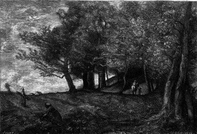 Woodcutters. Engraving after the painting by Jean Baptiste Camille Corot in “The Illustrious World” n°1209 of May 29 by Jean Baptiste Camille (after) Corot