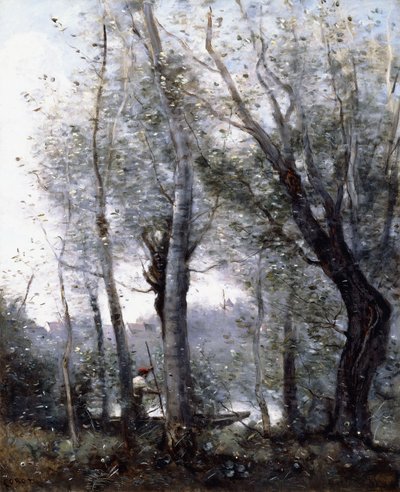A Barge Passing Behind Trees on the Shore by Jean Baptiste Camille Corot