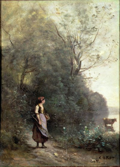 A Peasant Woman Grazing a Cow at the Edge of a Forest by Jean Baptiste Camille Corot