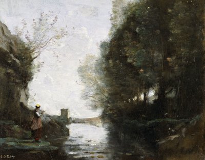 A River with a Square Tower and a Farmer in the Foreground by Jean Baptiste Camille Corot