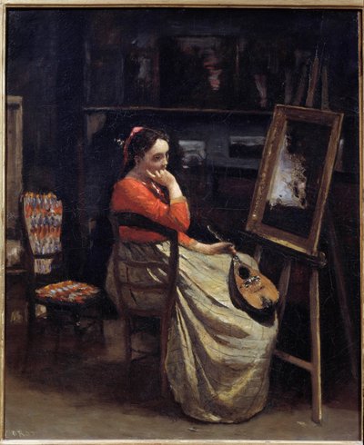 A Pensive Young Woman, a Mandolin in Her Hand, in the Studio of the Painter by Jean Baptiste Camille Corot